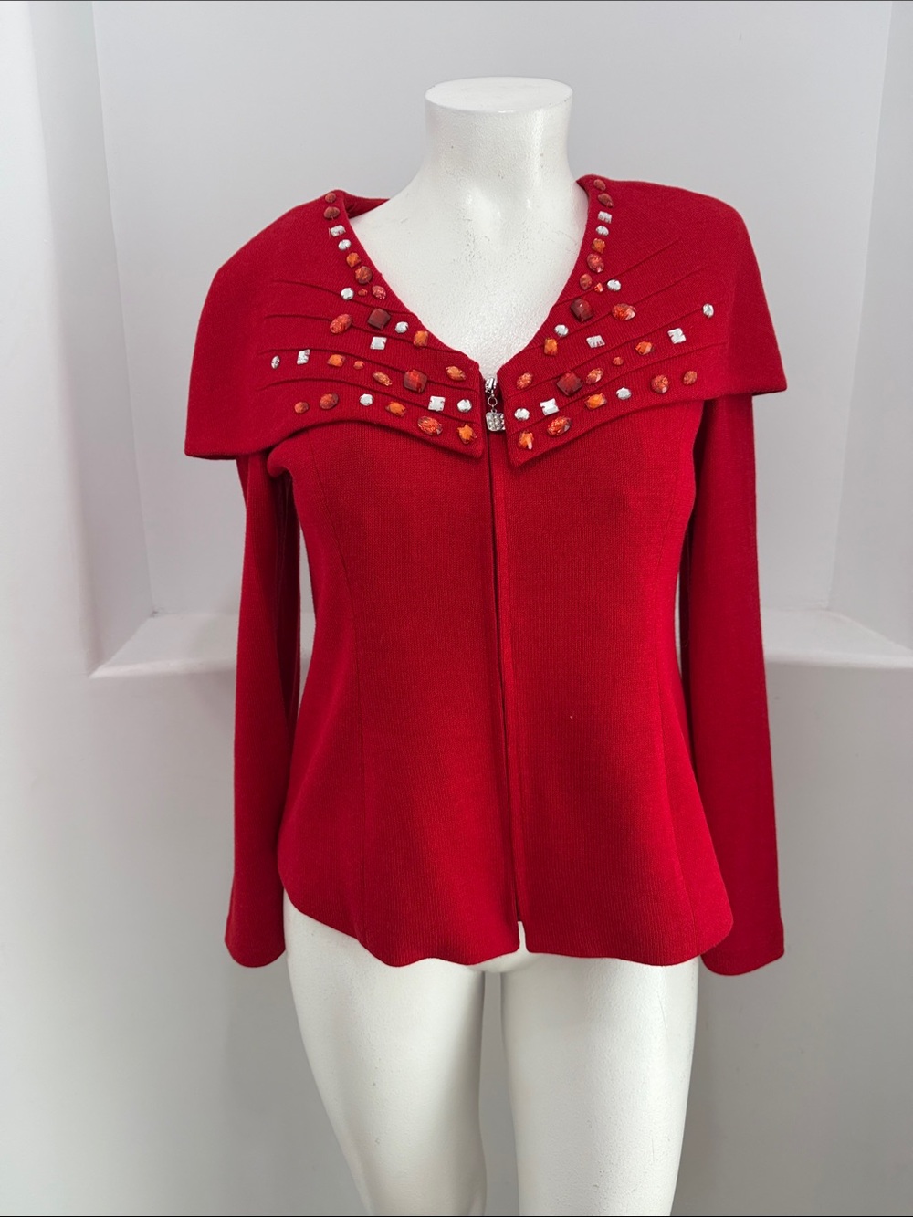 Donna Vinci Knits Red Zip-Front Sweater Top Cardigan Jacket Rhinestones  10